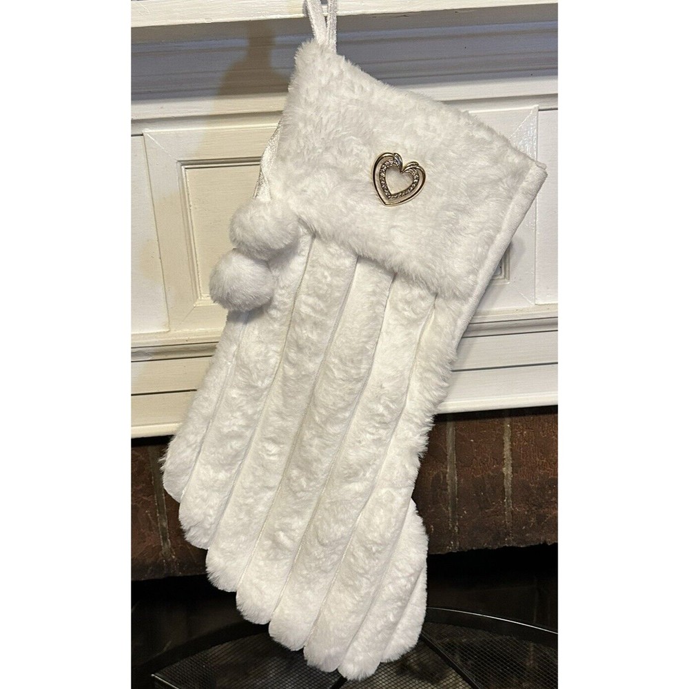 White Faux Fur Christmas Stocking With Napier Gold Rhinestone Heart Brooch